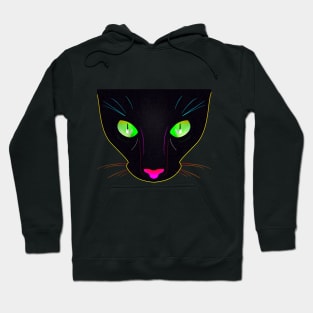 Black Cat with Green Fluorescent Eyes - Illustration Hoodie